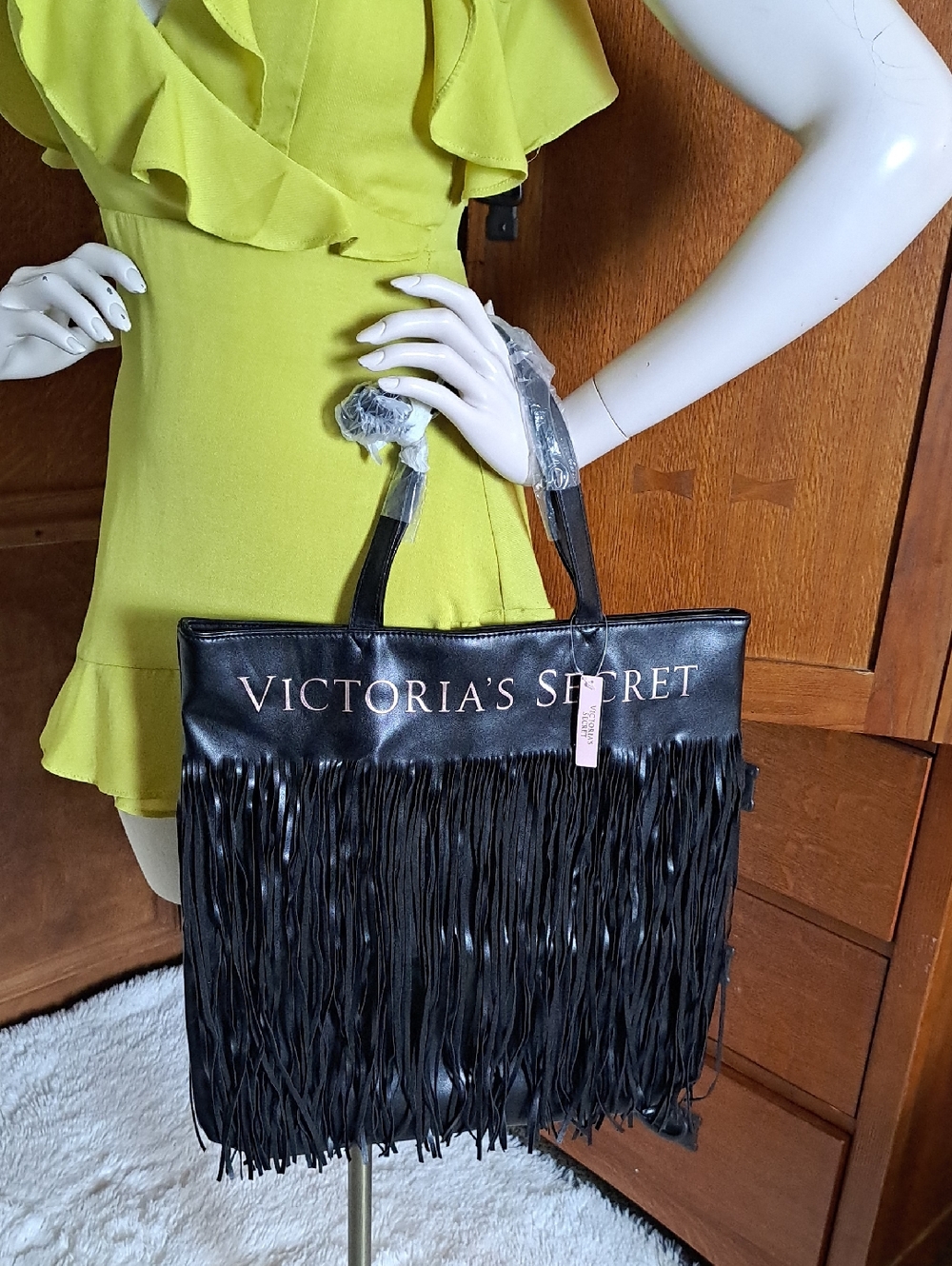 Victoria’s Secret Flirty Fringe Tote Bag NWT Black Faux Leather